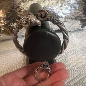 Silver Ram Head Bracelet and Ring Set
